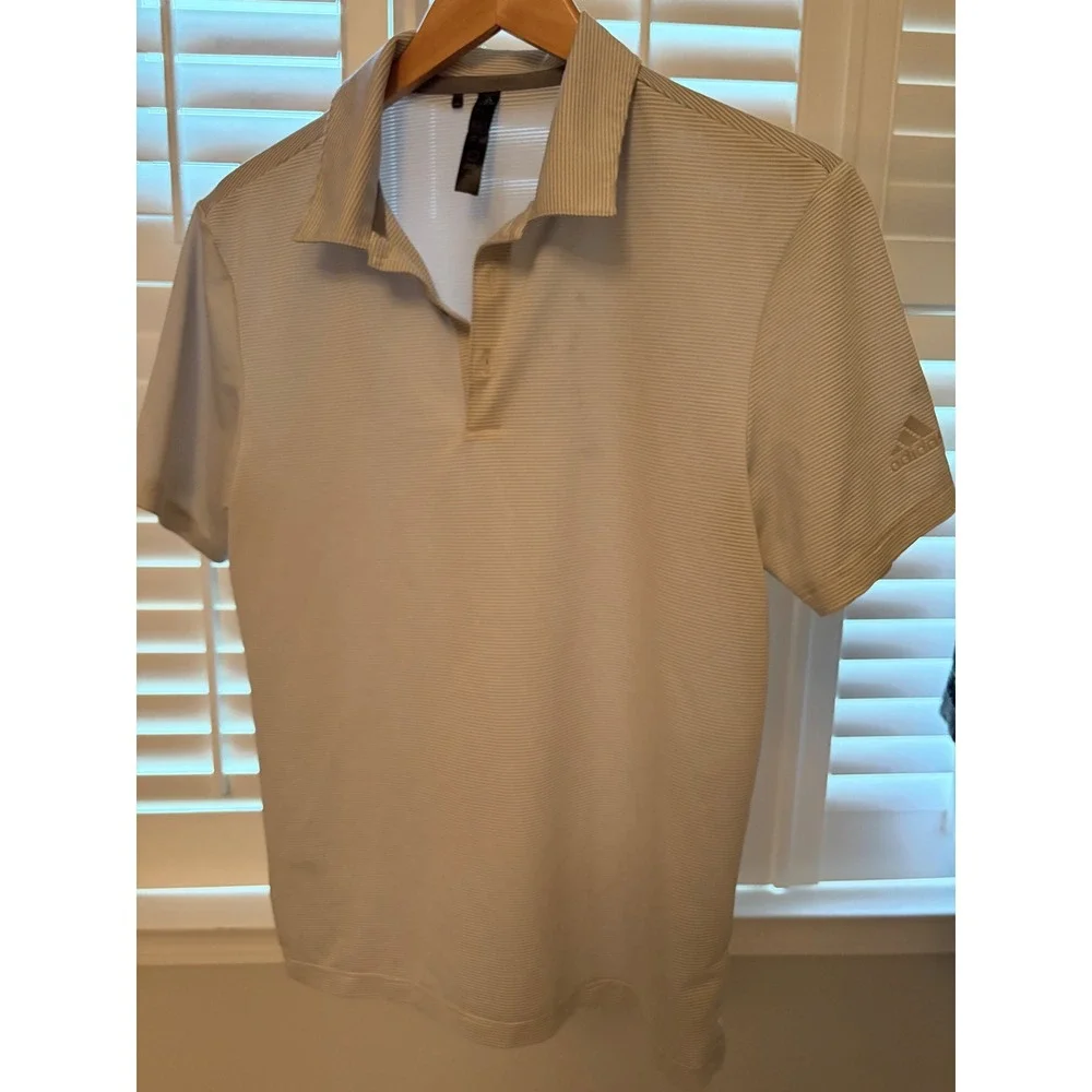 Adidas Mens Striped Performance Polo Shirt Grey White Short Sleeve Size Small